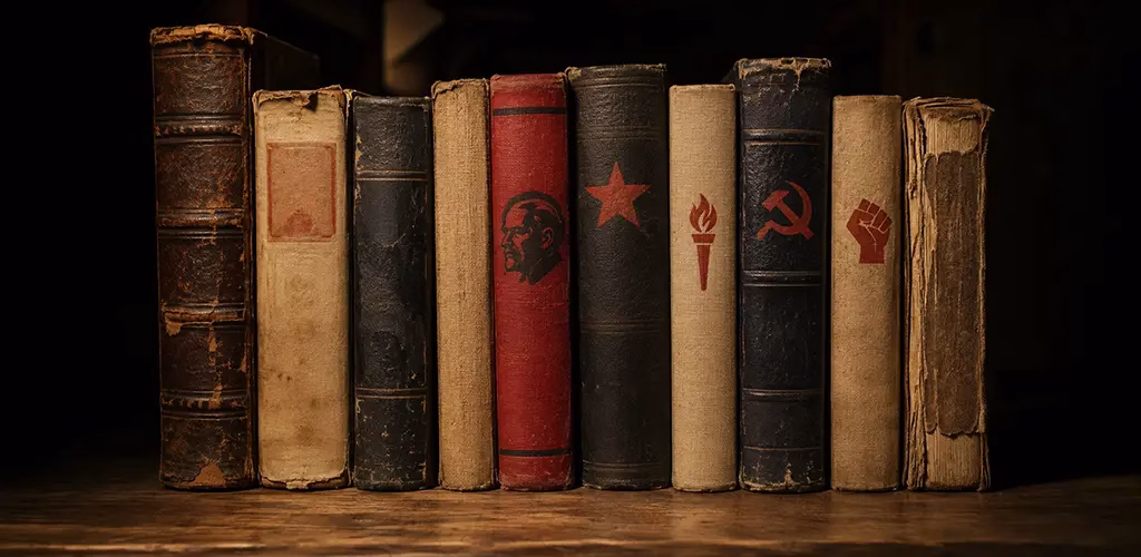A row of banned political and philosophical texts