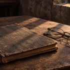 An old cloth-bound notebook and reading glasses on a wooden prison desk