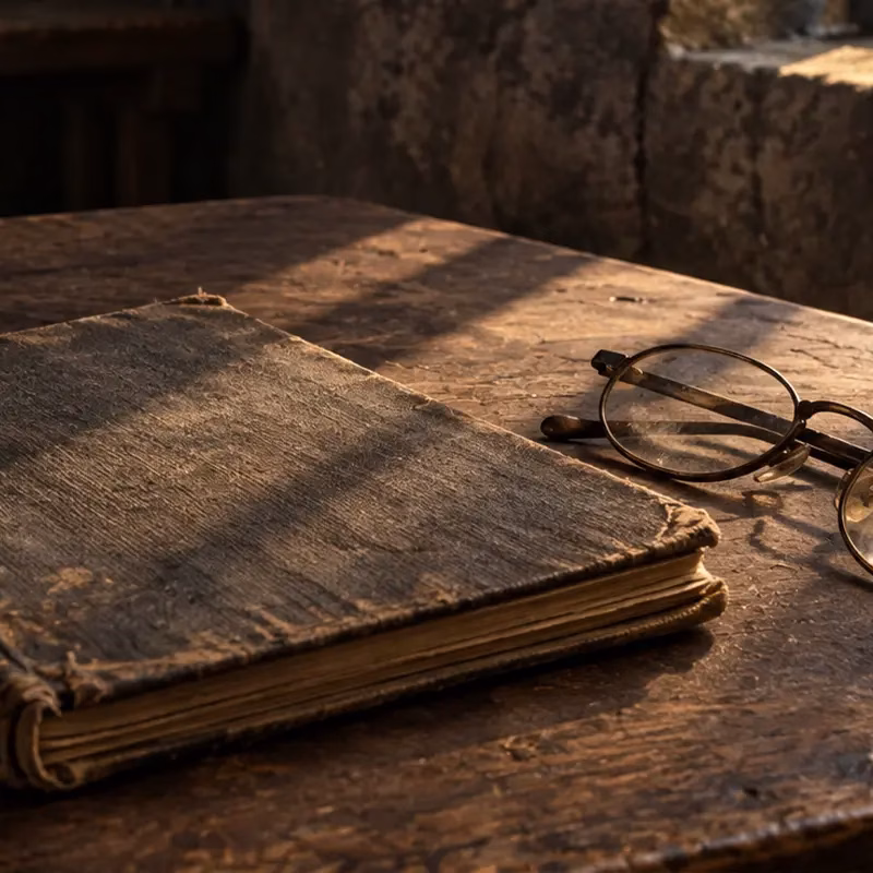 An old cloth-bound notebook and reading glasses on a wooden prison desk