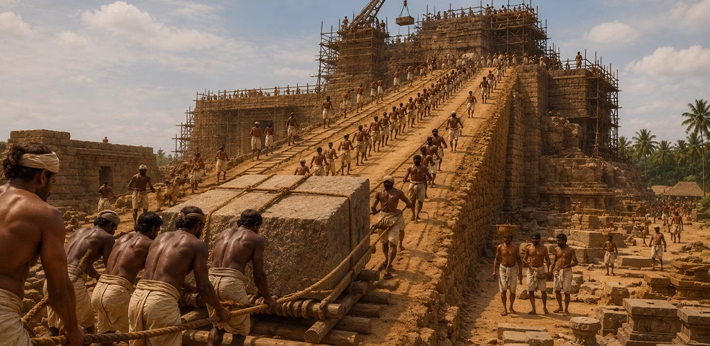 Workers hauling granite blocks up a long earthen ramp, an imagined depiction of the construction process.
