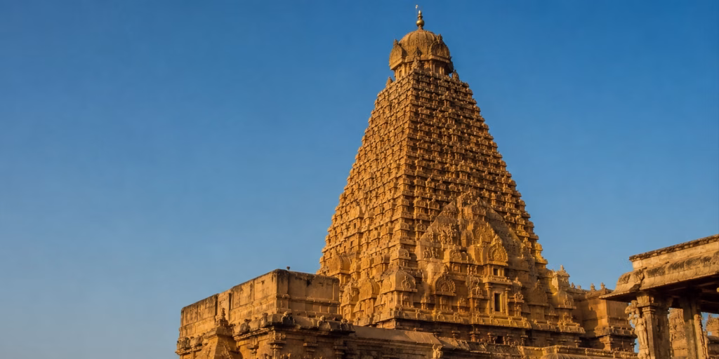 The towering vimana of the Brihadeeswara Temple against a clear sky.