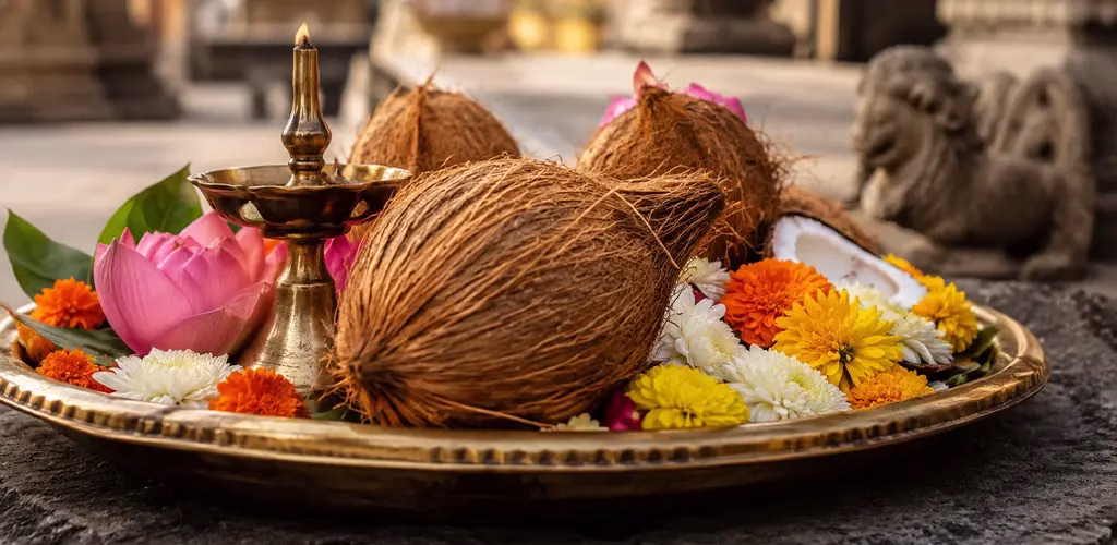 A temple offering tray with coconuts and flowers.
