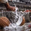 A coconut being broken on temple steps, water splashing out.