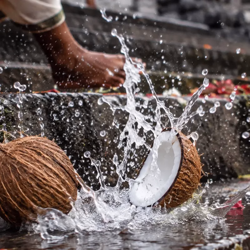 A coconut being broken on temple steps, water splashing out.