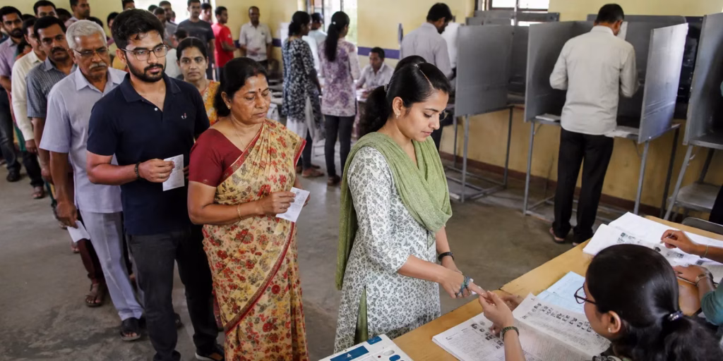 Indian citizens casting their votes at a polling station
