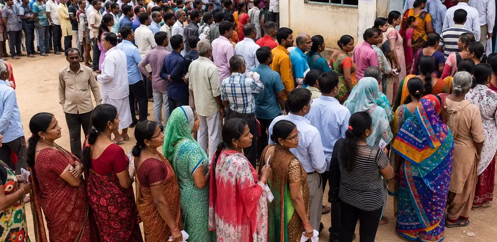 A large crowd of Indian voters lined up outside a polling booth