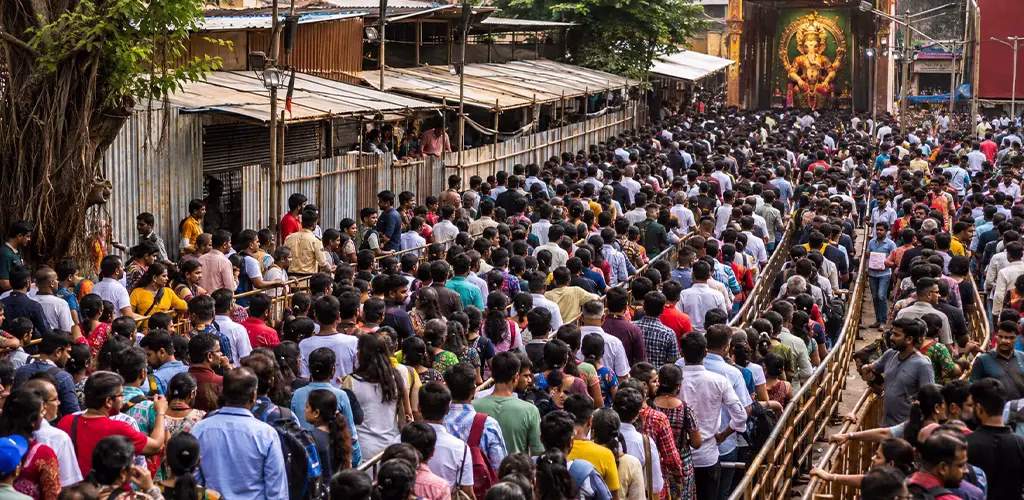 the long queue of devotees waiting for darshan of Lalbaugcha Raja