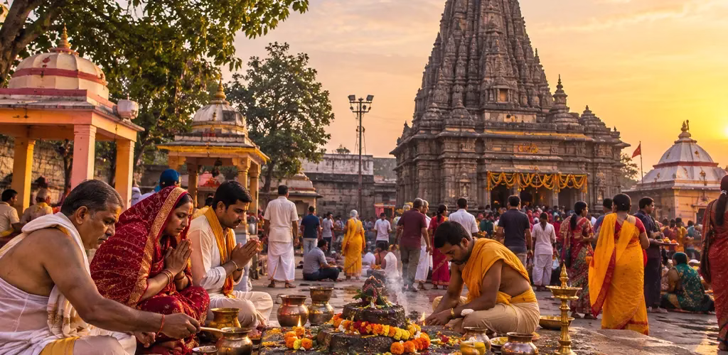 Pilgrims performing rituals at the Vishnupad Temple courtyard