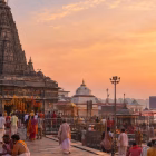 The Vishnupad Temple in Gaya at dawn, pilgrims gathering for rituals