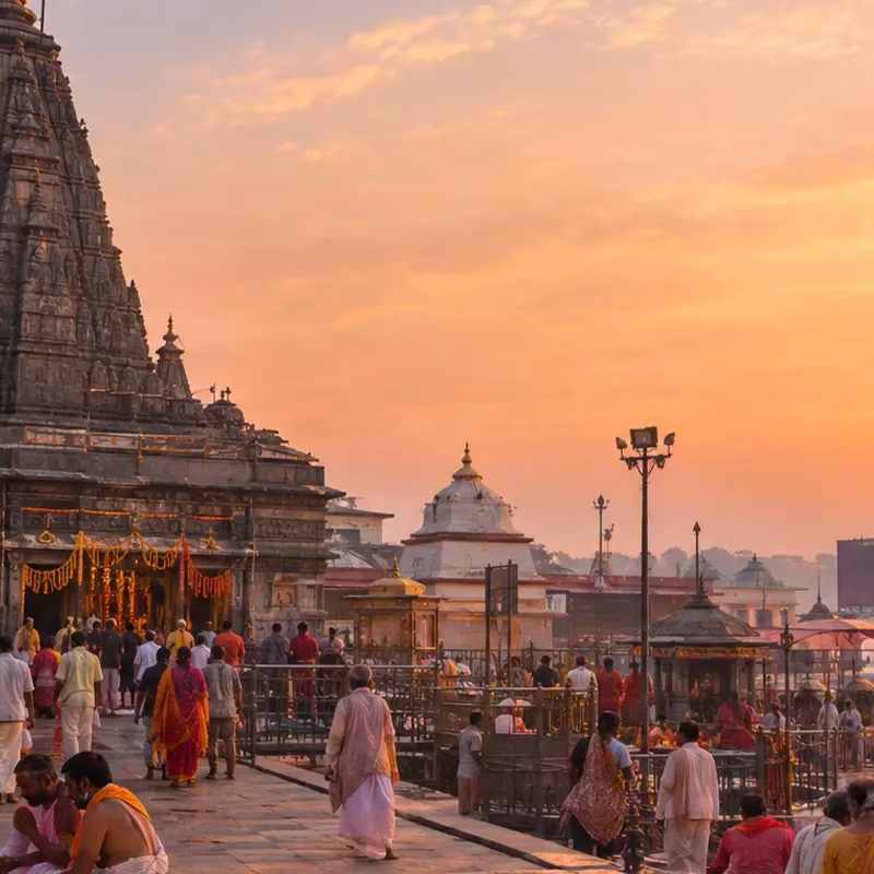 The Vishnupad Temple in Gaya at dawn, pilgrims gathering for rituals