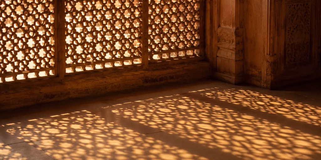 Sunlight passing through an old sandstone jaali screen, casting patterns on the floor