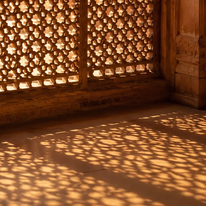 Sunlight passing through an old sandstone jaali screen, casting patterns on the floor
