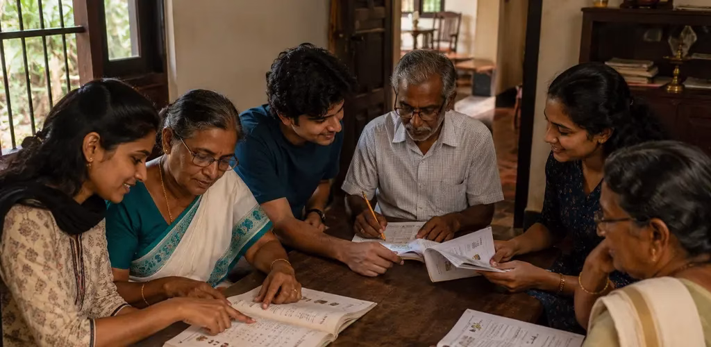 volunteers teaching adults to read inside a Kerala home