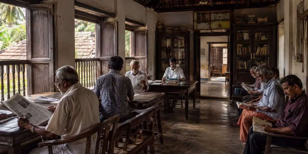 An old village reading room in Kerala, with people gathered around newspapers and books