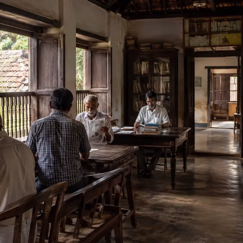An old village reading room in Kerala, with people gathered around newspapers and books