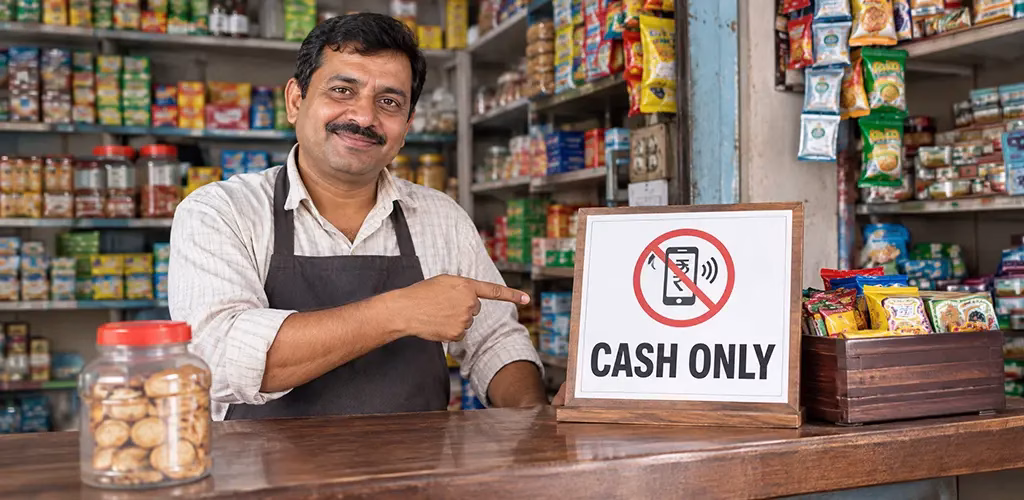 A shopkeeper pointing to a "cash only" sign