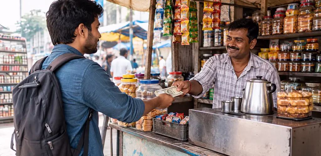 A person paying cash at a small vendor stall