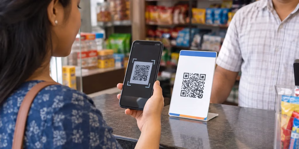 A customer scanning a UPI QR code at a shop counter