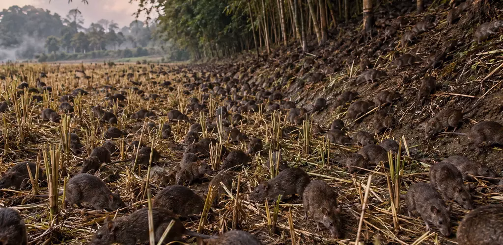rats moving through a paddy field at the forest's edge