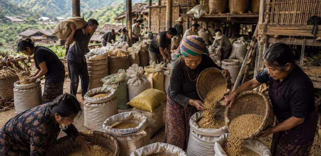 villagers storing grain reserves ahead of the next bamboo flowering season