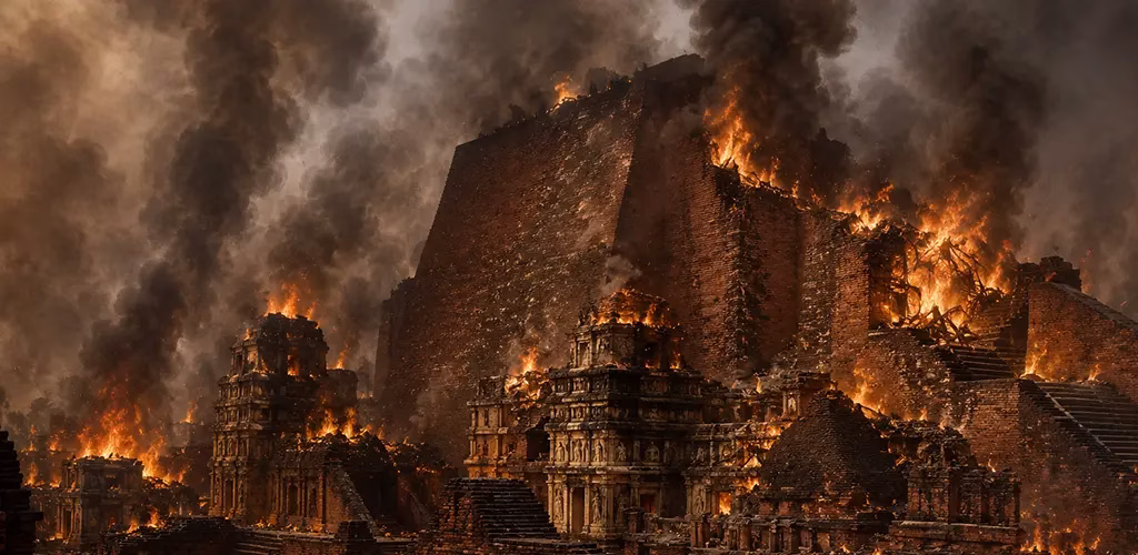 smoke rising from the burning library buildings of Nalanda in 1193