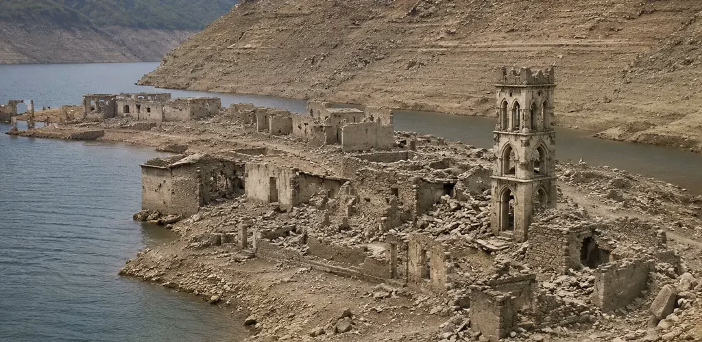 Ruins of Old Tehri emerging as the reservoir level drops