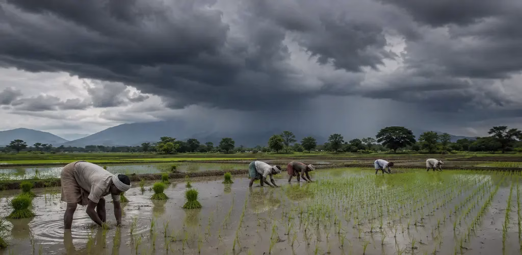 armers in a rice field as monsoon clouds gathered
