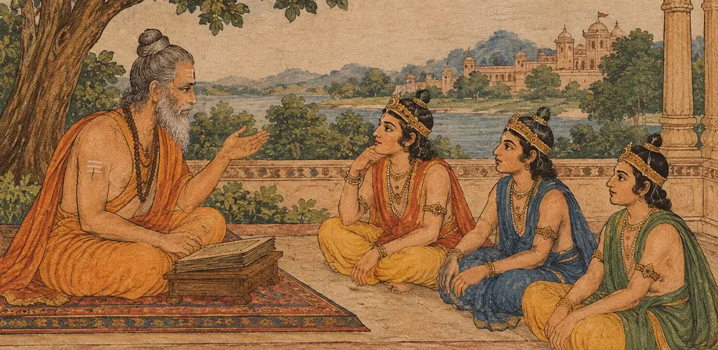 An old illustration of Vishnu Sharma narrating fables to the three young princes