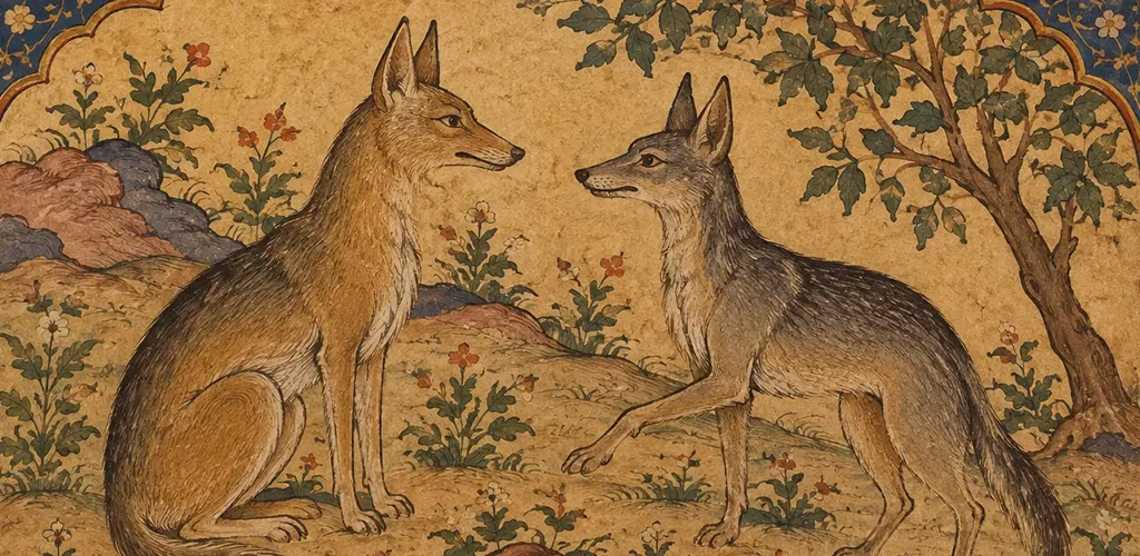 A page from the Arabic "Kalila wa Dimna," showing the jackal characters Kalila and Dimna