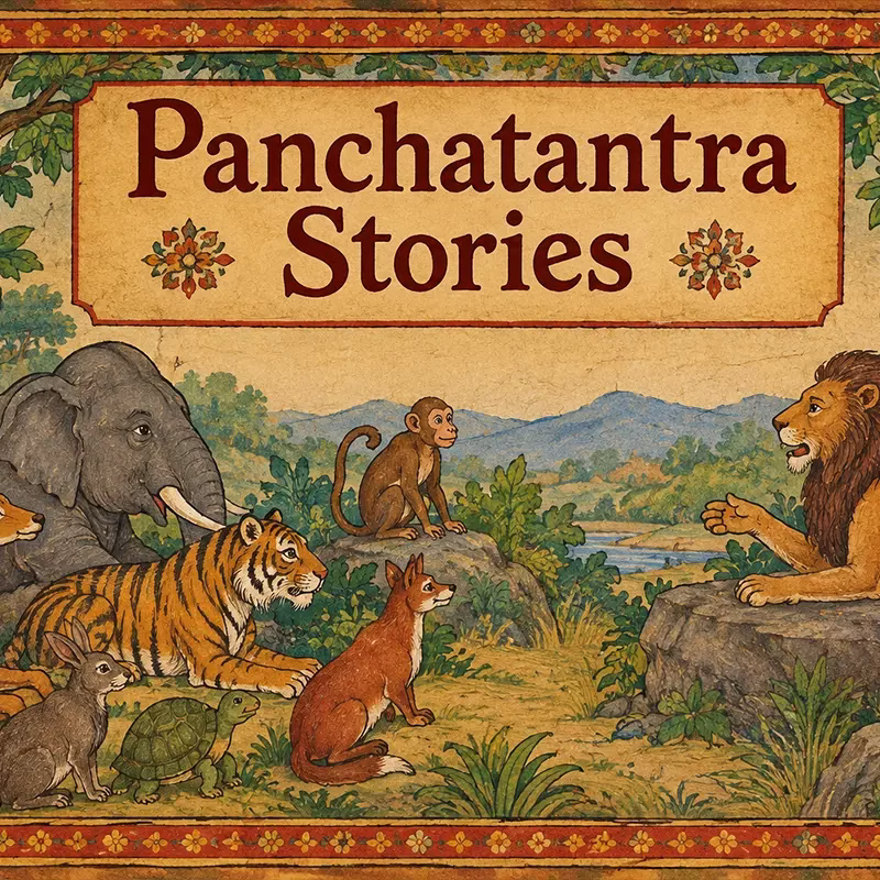 An old illustrated manuscript page showing animal characters from the Panchatantra
