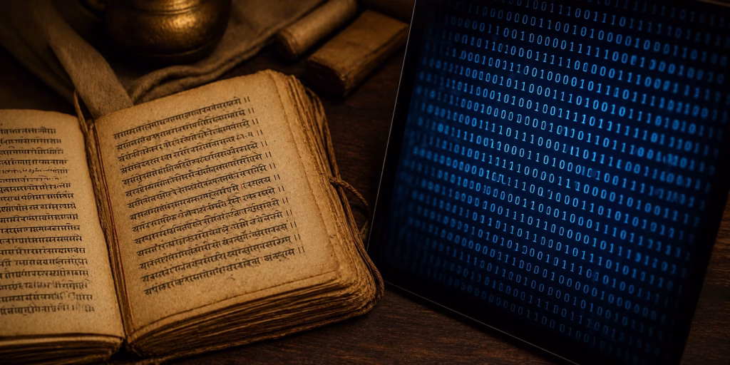 an old Sanskrit manuscript beside a modern binary code display