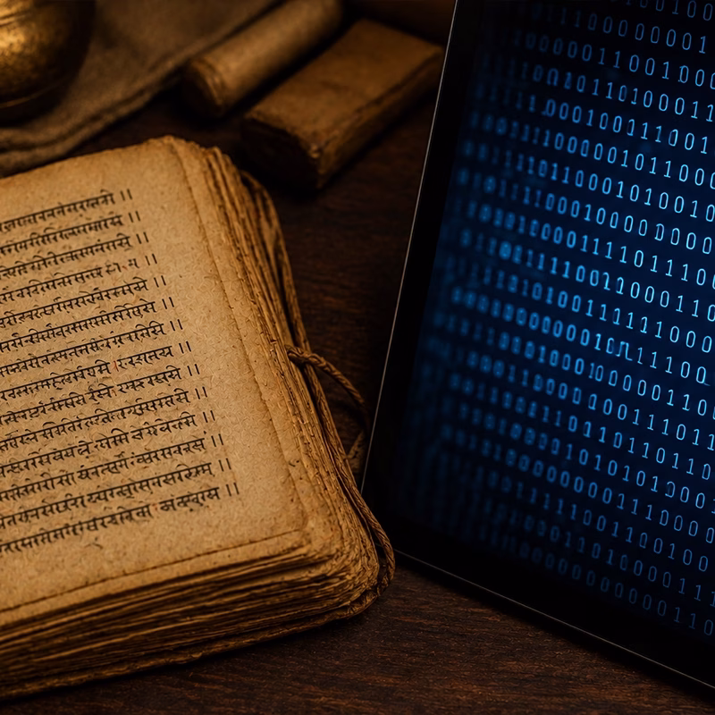 an old Sanskrit manuscript beside a modern binary code display