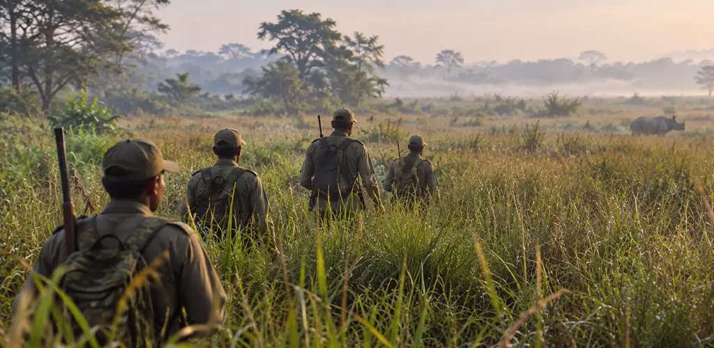 Forest guards on patrol through Kaziranga's tall grasslands