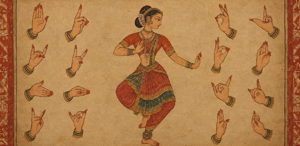 An illustrated page from the Natyashastra depicting hand gestures