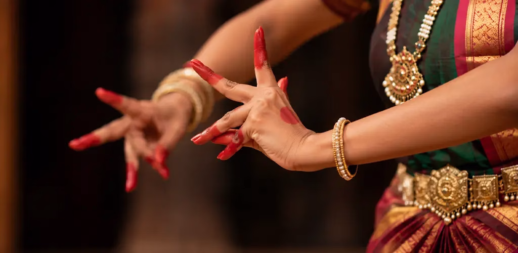 A close-up of Bharatanatyam hand gestures during a performance