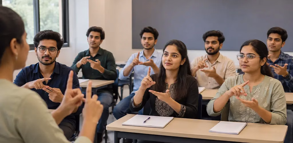 Students learning Indian Sign Language in a modern classroom