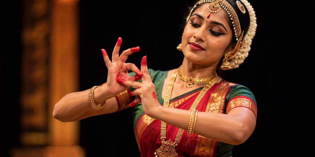 A classical Indian dancer performing an intricate hand mudra