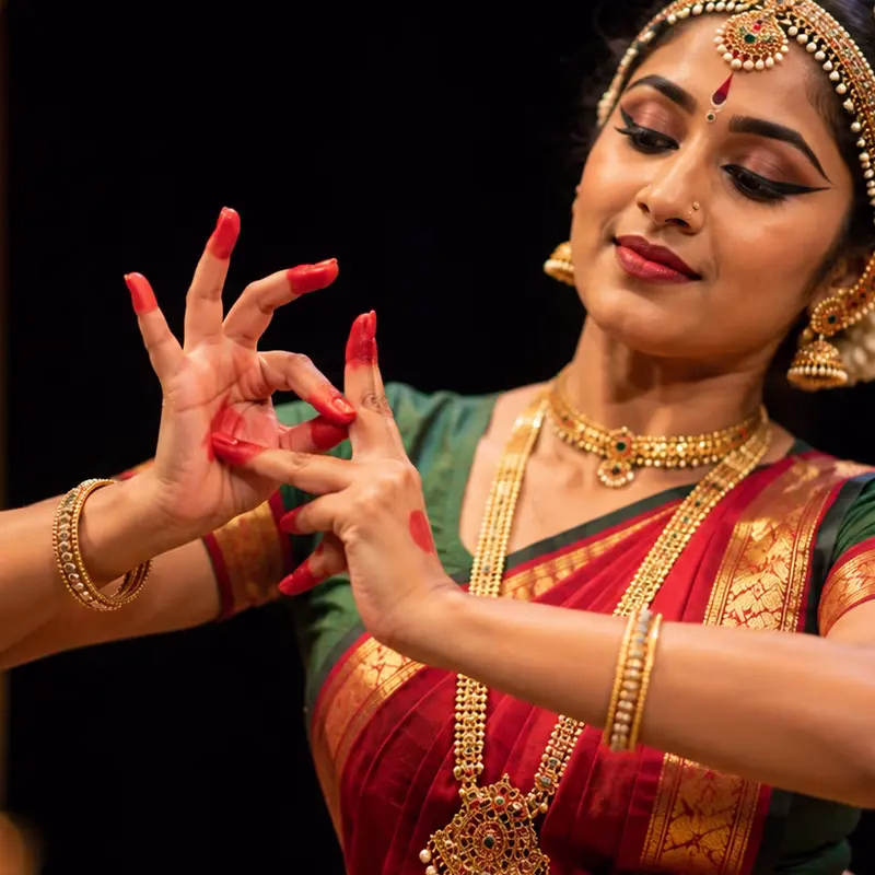 A classical Indian dancer performing an intricate hand mudra