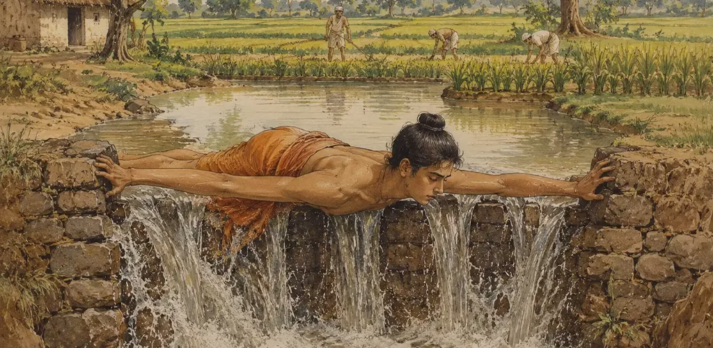a young student lying across a breaking dam to hold back the water, as told in old texts