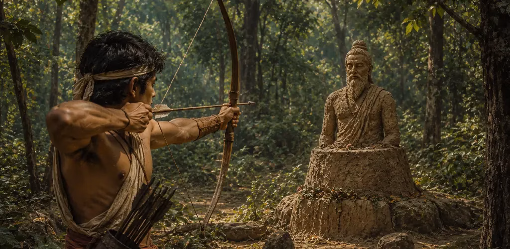 Eklavya practising archery before a clay statue of Dronacharya in the forest