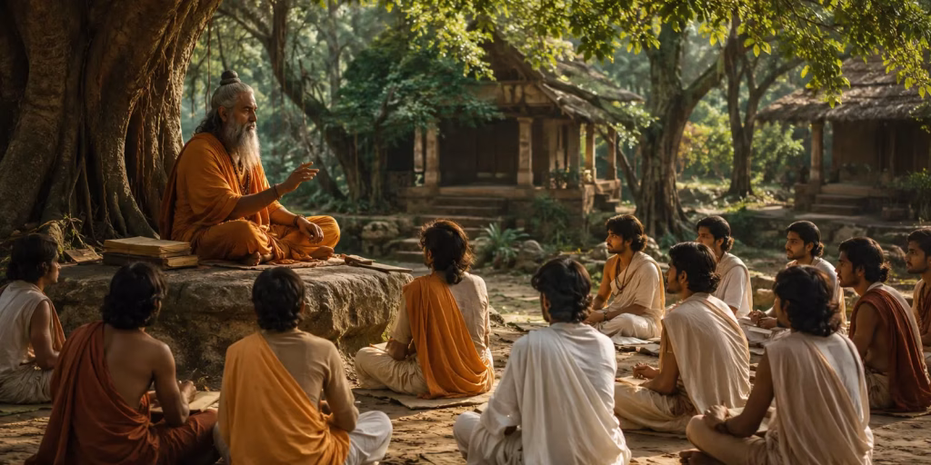 A guru teaching students under a tree in an old Indian gurukul