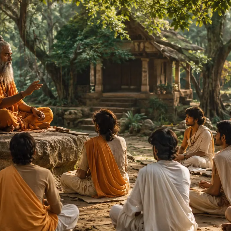 A guru teaching students under a tree in an old Indian gurukul
