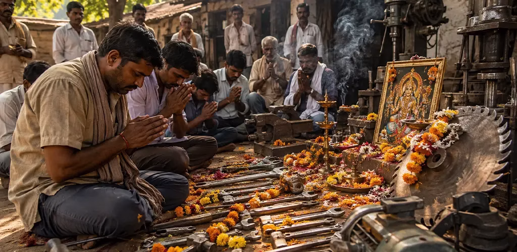 Artisans and workers gathered for Vishwakarma Puja, worshipping their tools