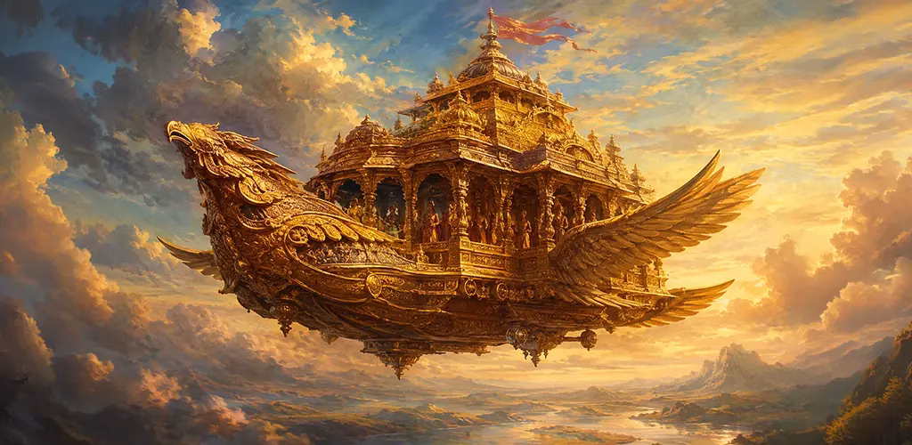 An imagined depiction of the flying Pushpaka Vimana